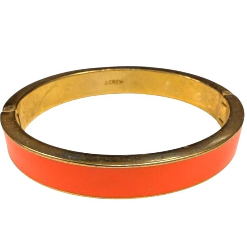 J.Crew New Coral Orange Enamel Hinged Clamper Bangle Bracelet Gold Tone